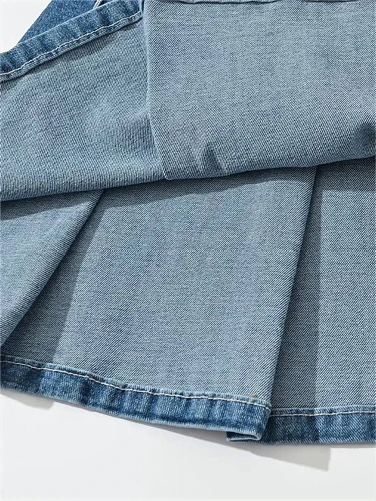 2025 Summer New  Denim Y2k Skirt with Pleats and Belt 90s E-girl Korean Skirts For Women High Street Jeans Short Bottom