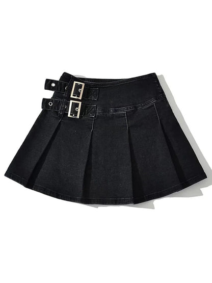 2025 Summer New  Denim Y2k Skirt with Pleats and Belt 90s E-girl Korean Skirts For Women High Street Jeans Short Bottom