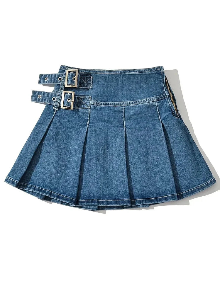 2025 Summer New  Denim Y2k Skirt with Pleats and Belt 90s E-girl Korean Skirts For Women High Street Jeans Short Bottom