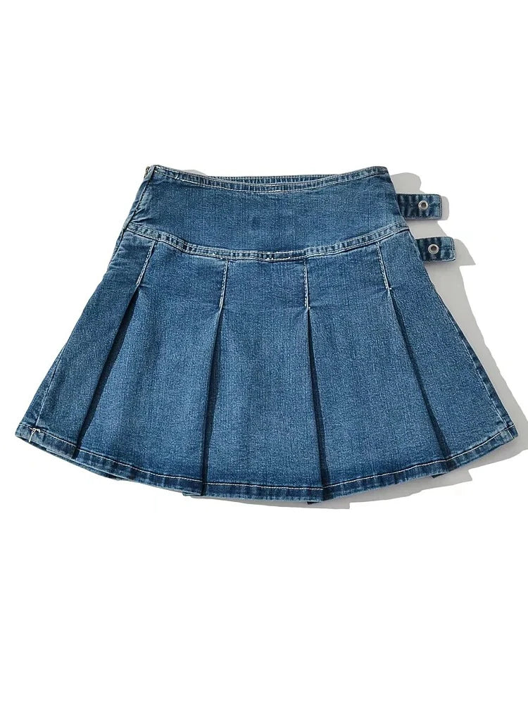 2025 Summer New  Denim Y2k Skirt with Pleats and Belt 90s E-girl Korean Skirts For Women High Street Jeans Short Bottom