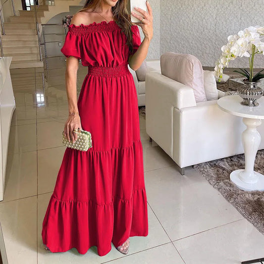 2025 Summer Vestidos Red Short Sleeve Sexy Club Party Evening Long Dress Slim Solid Color Robe Ruffles Elastic Waist Slash Neck