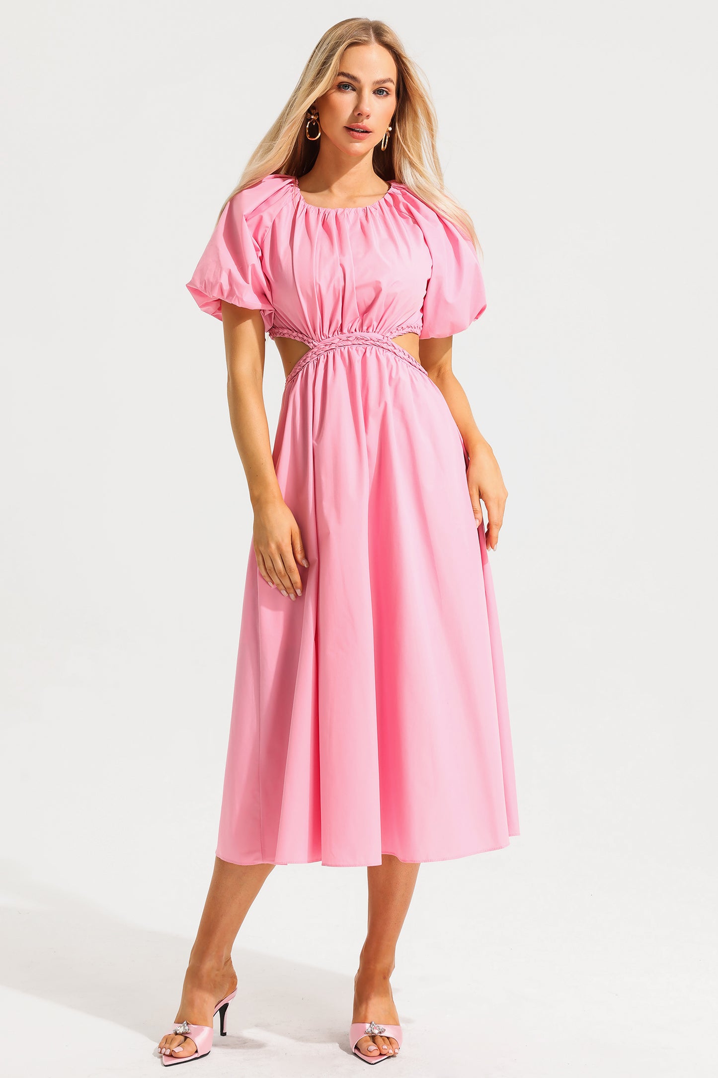 Capucine Puff Sleeve Midi Dress Pink