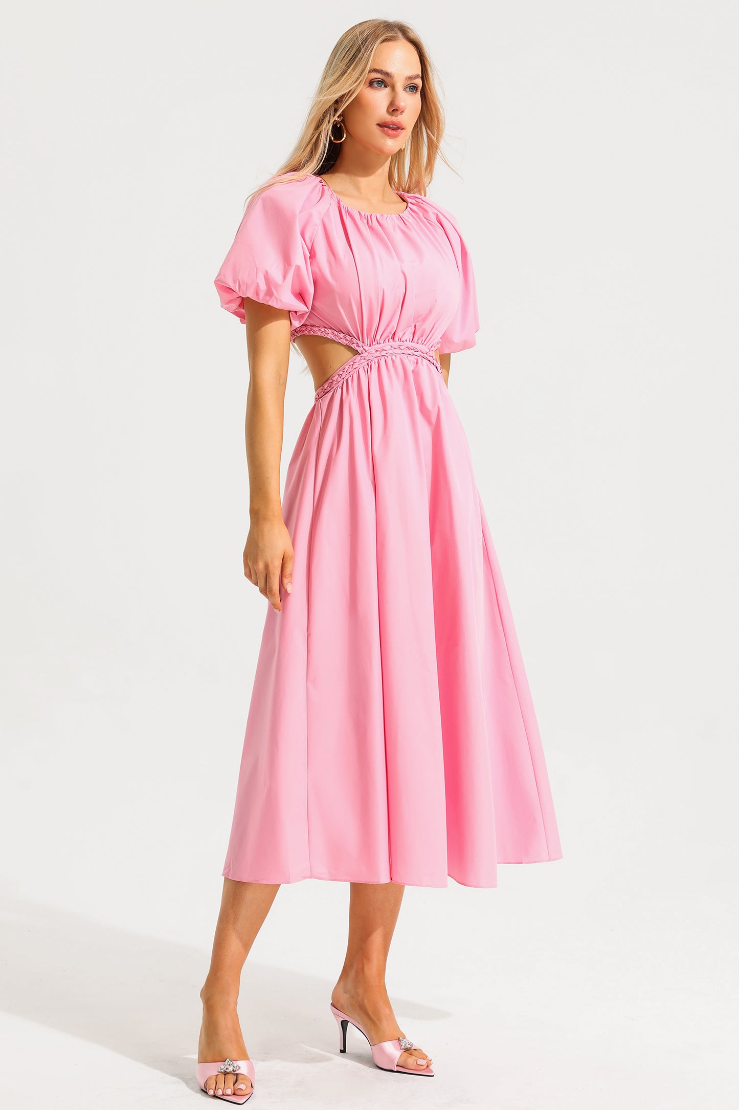 Capucine Puff Sleeve Midi Dress Pink