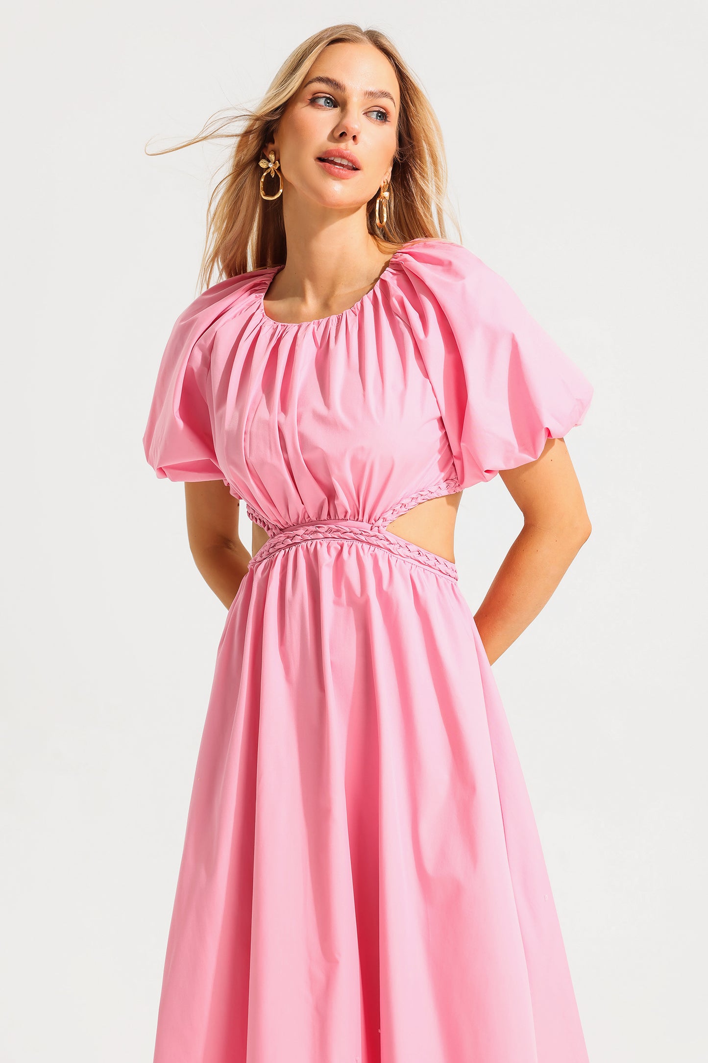 Capucine Puff Sleeve Midi Dress Pink