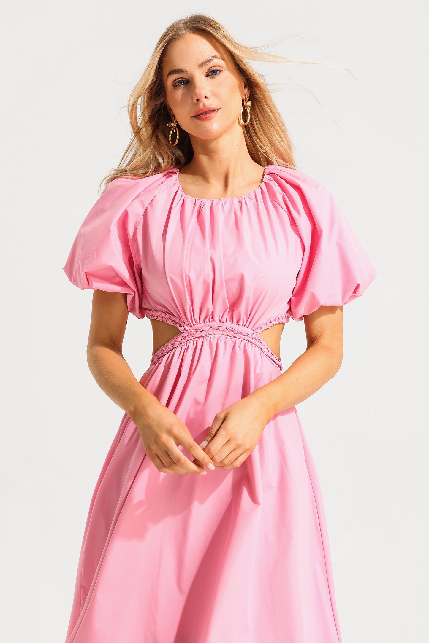 Capucine Puff Sleeve Midi Dress Pink