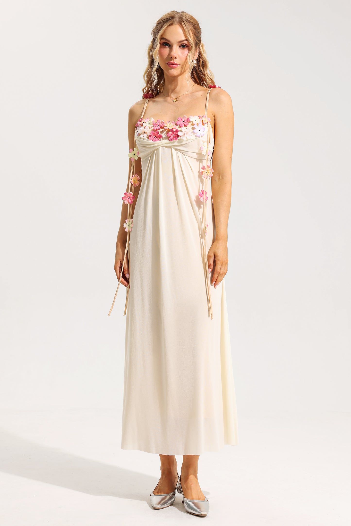 3D Floral Mesh Sleeveless Midi Dress