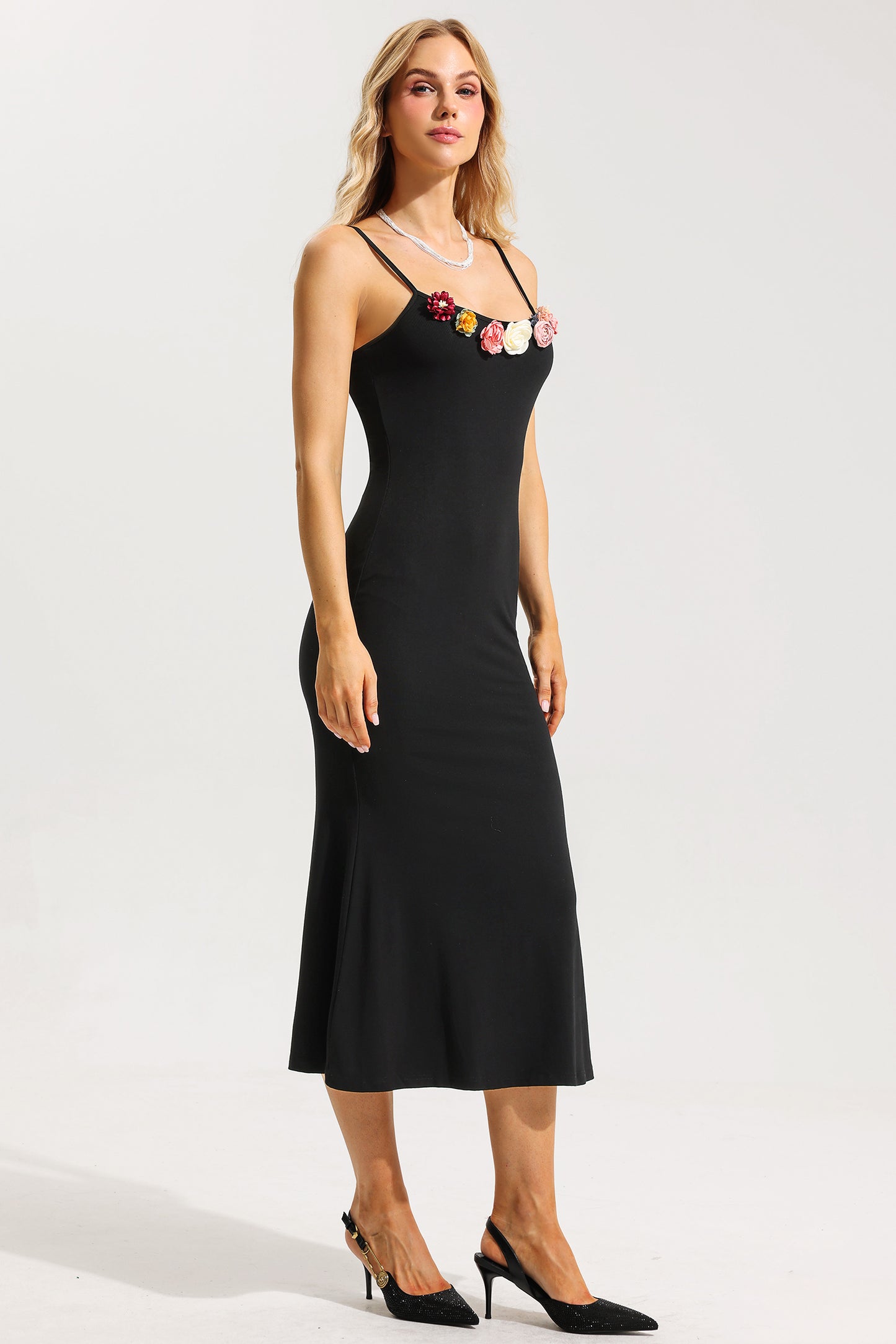 Vestido midi sin mangas de punto con estampado floral 3D 