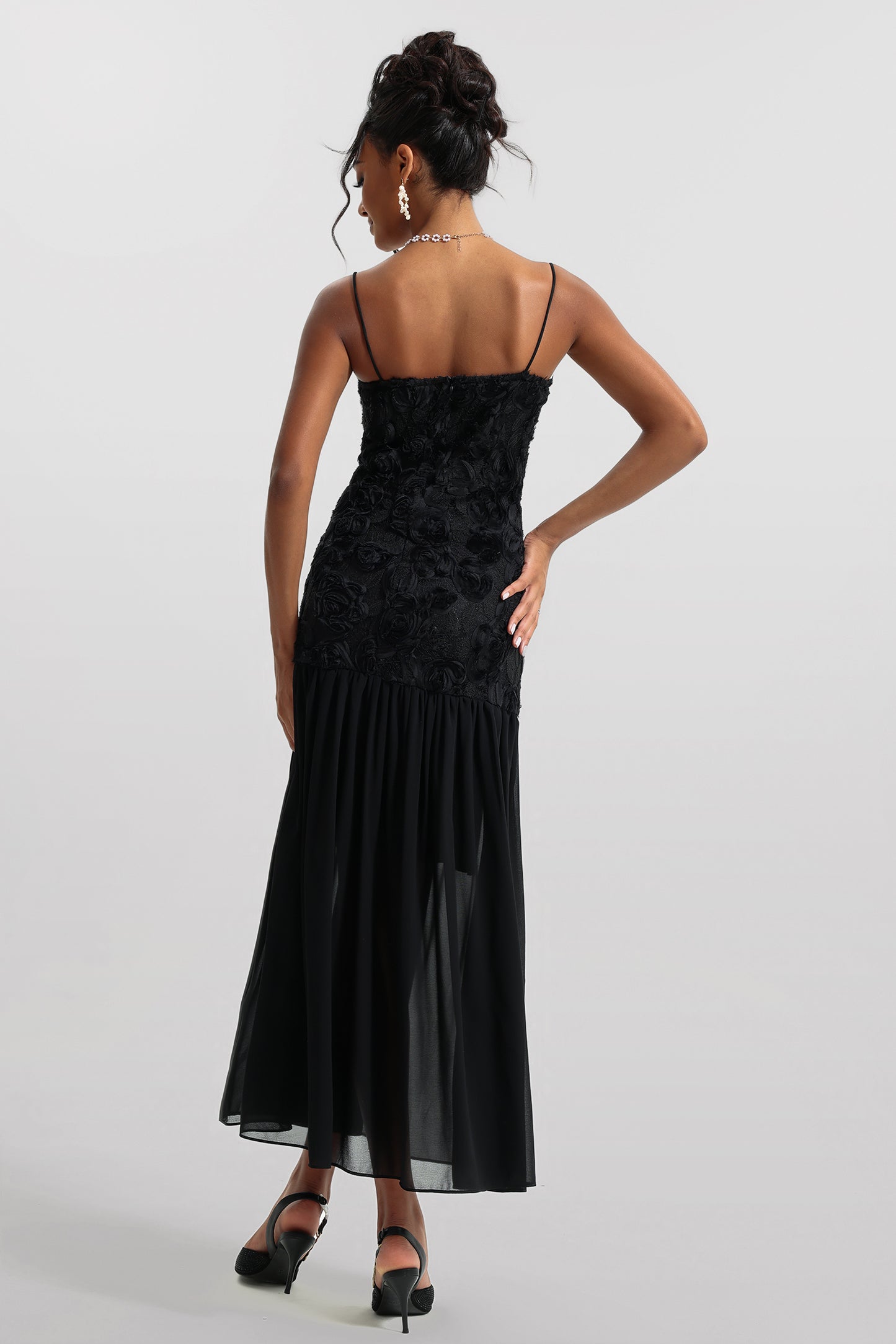 3D Floral Solid Sleeveless Midi Dress