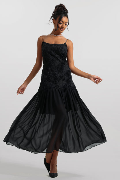 3D Floral Solid Sleeveless Midi Dress