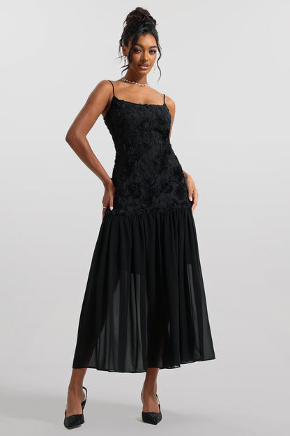 3D Floral Solid Sleeveless Midi Dress