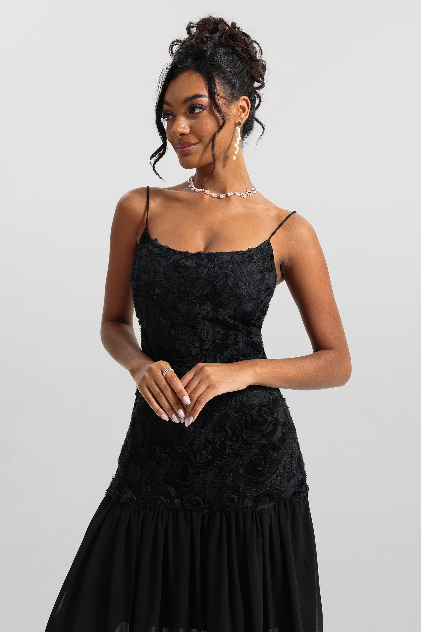 3D Floral Solid Sleeveless Midi Dress