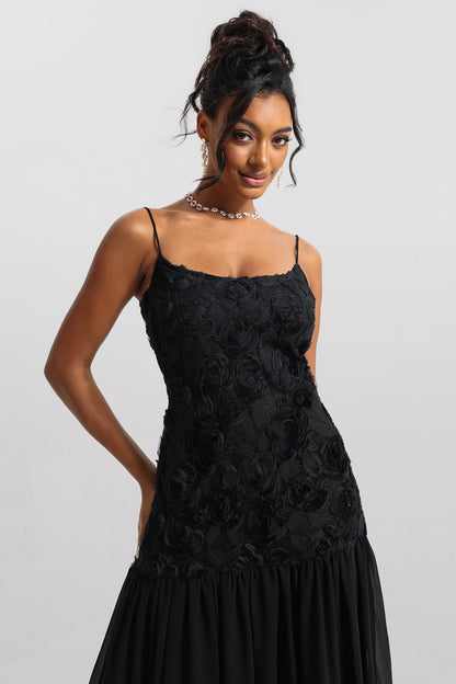 3D Floral Solid Sleeveless Midi Dress