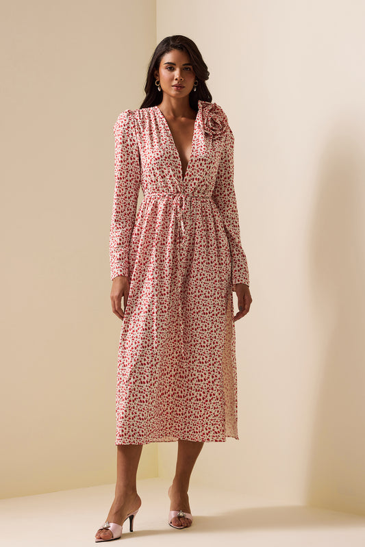 3D Floral Long Sleeve Split Midi Dress