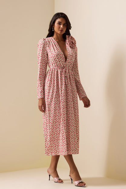 Vestido midi con abertura y manga larga con estampado floral 3D 