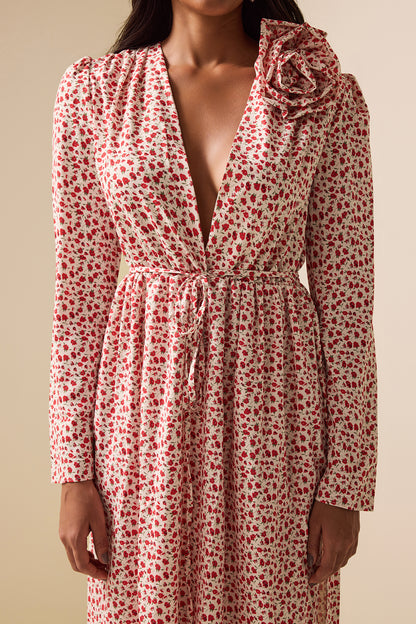 Vestido midi con abertura y manga larga con estampado floral 3D 