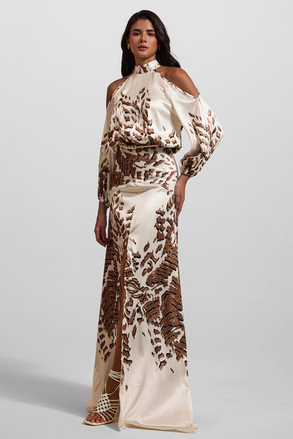 Abstract Print Cut-Out Puff Sleeve Maxi Dress