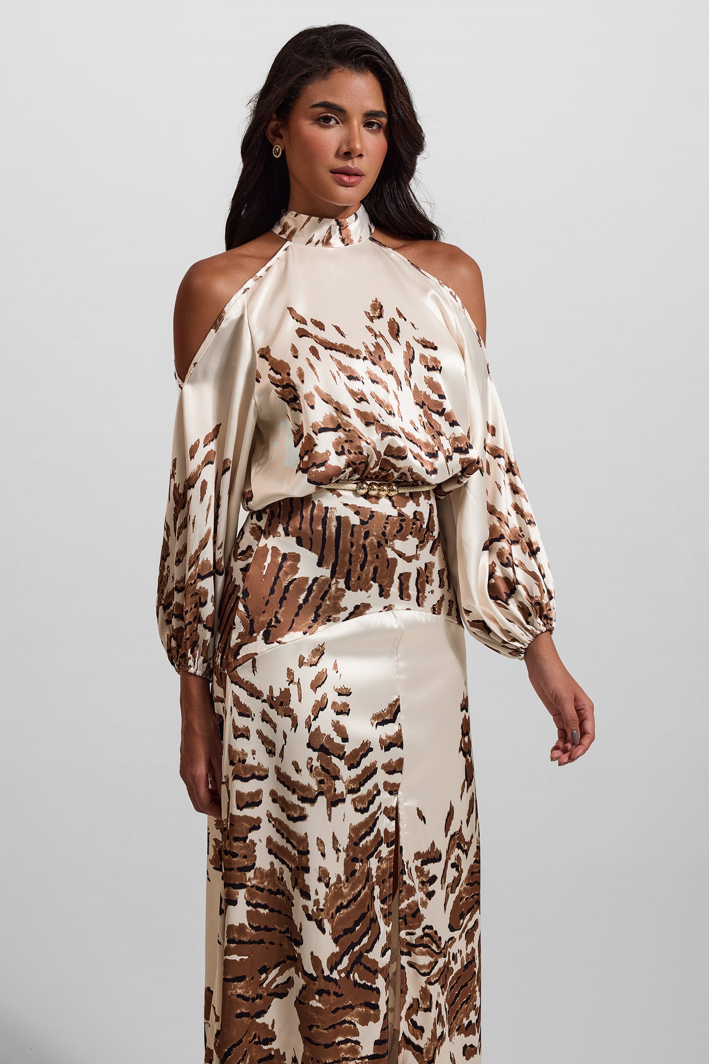 Abstract Print Cut-Out Puff Sleeve Maxi Dress