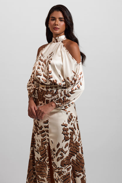Abstract Print Cut-Out Puff Sleeve Maxi Dress