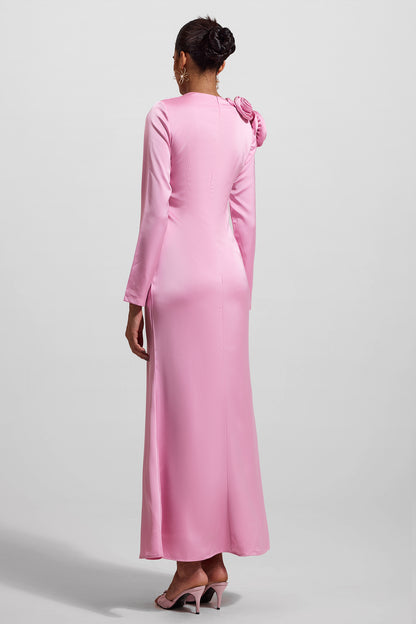 3D Floral Satin Long Sleeve Midi Dress