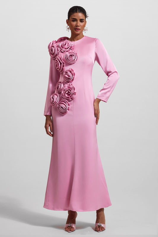 3D Floral Satin Long Sleeve Midi Dress