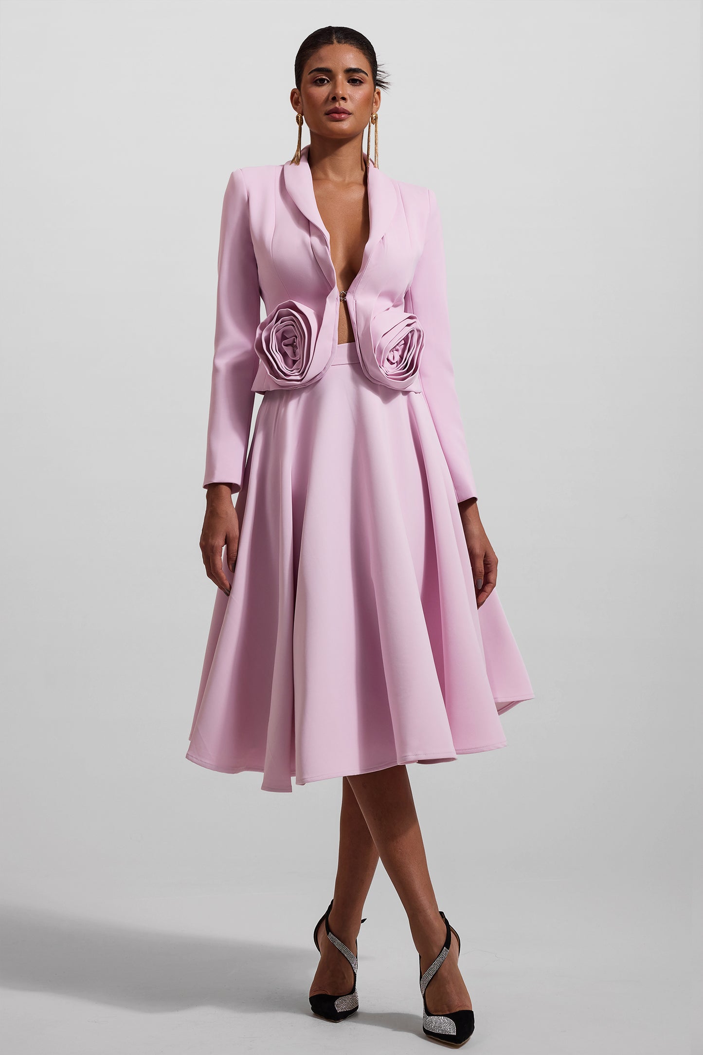 3D Floral Solid Blazer ＆ High Waist Solid Midi Skirt Set