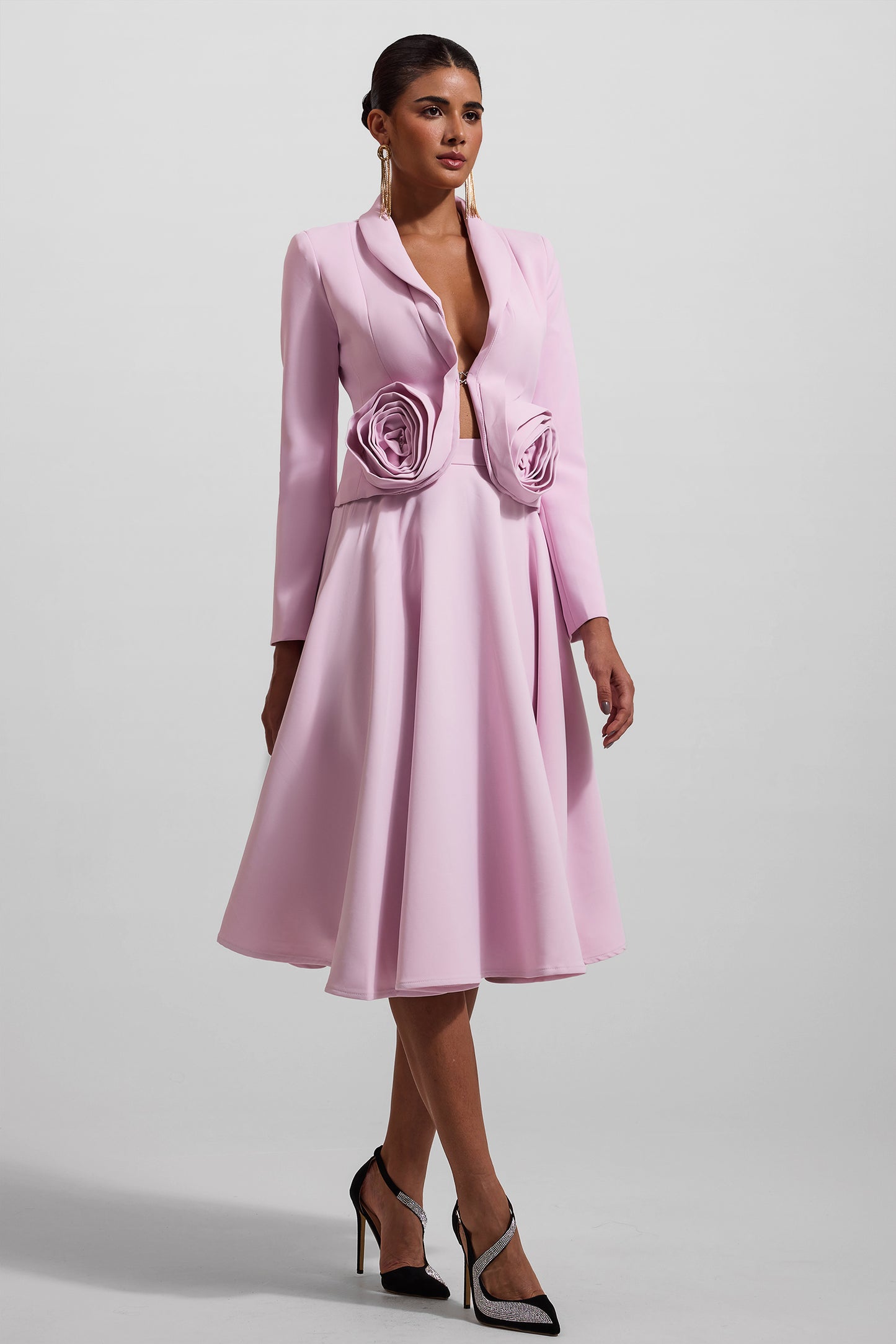 3D Floral Solid Blazer ＆ High Waist Solid Midi Skirt Set