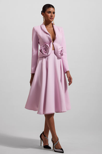 3D Floral Solid Blazer ＆ High Waist Solid Midi Skirt Set