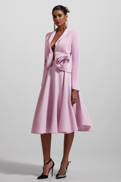 3D Floral Solid Blazer ＆ High Waist Solid Midi Skirt Set