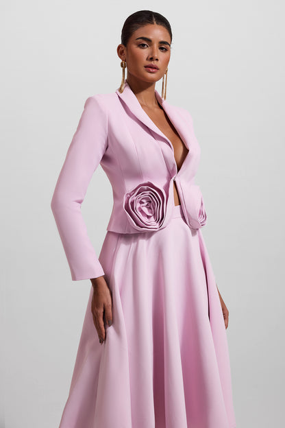 3D Floral Solid Blazer ＆ High Waist Solid Midi Skirt Set