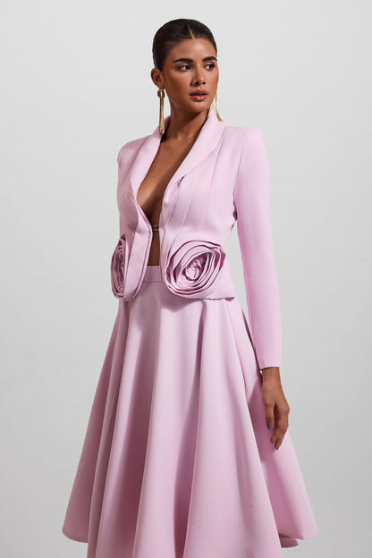 3D Floral Solid Blazer ＆ High Waist Solid Midi Skirt Set