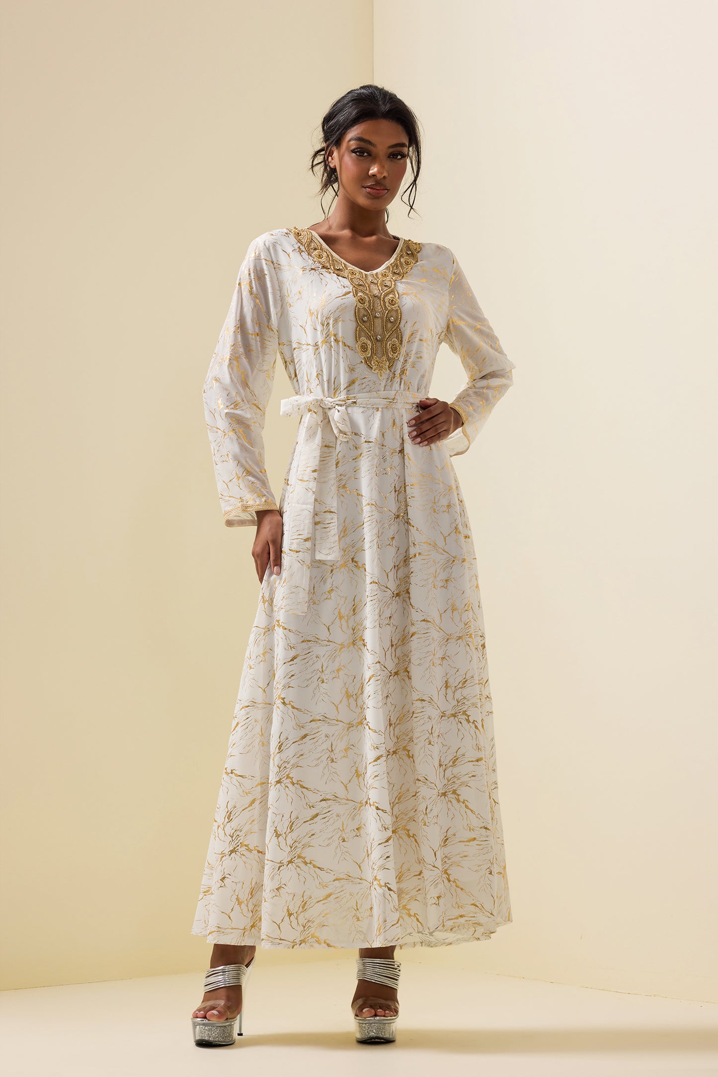 Abstract Print Gold Foil Stamping Midi Dress