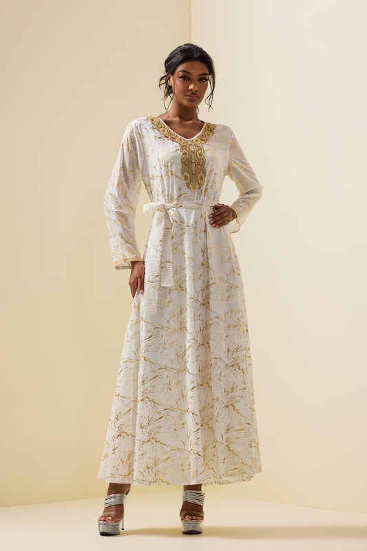 Abstract Print Gold Foil Stamping Midi Dress