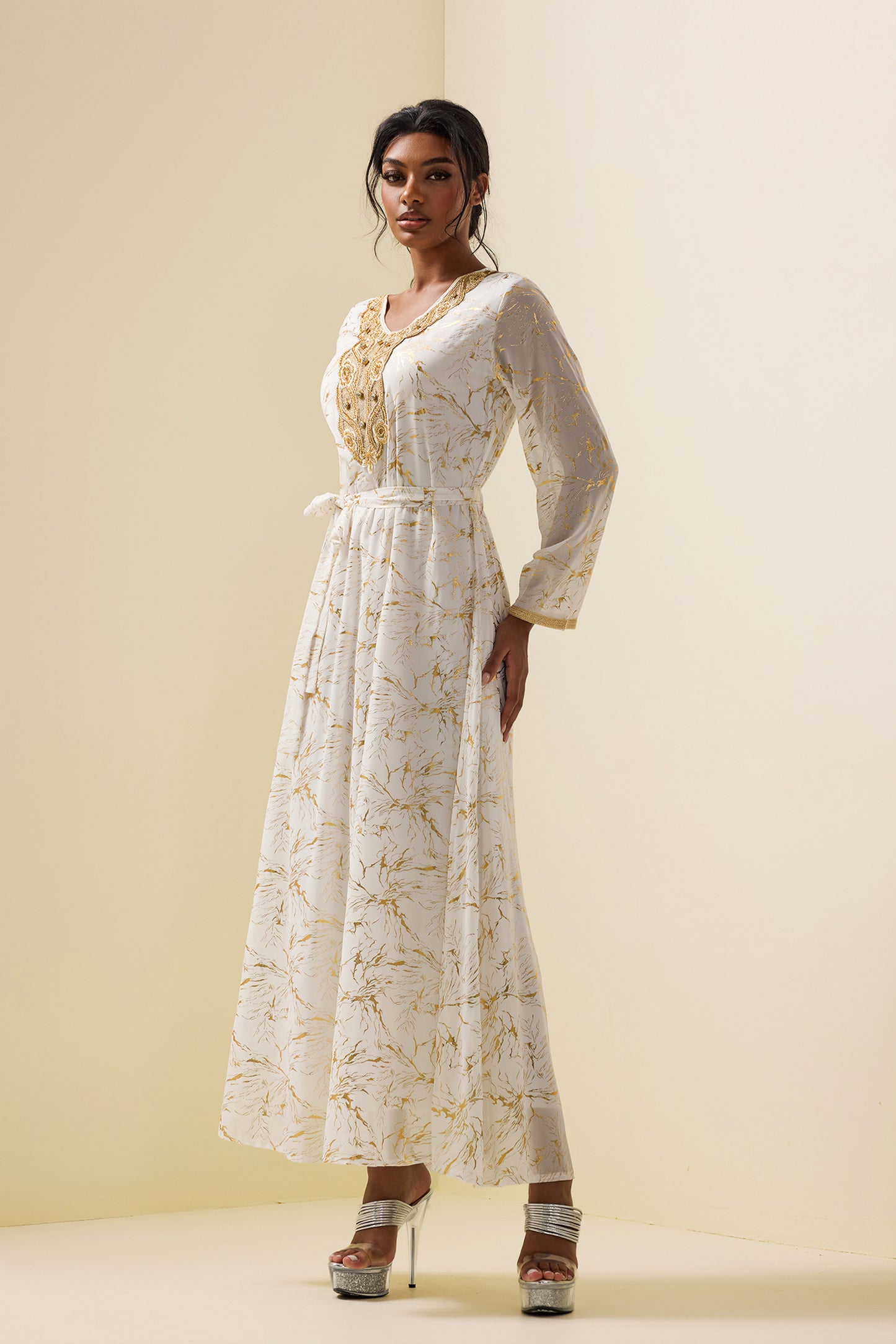 Abstract Print Gold Foil Stamping Midi Dress