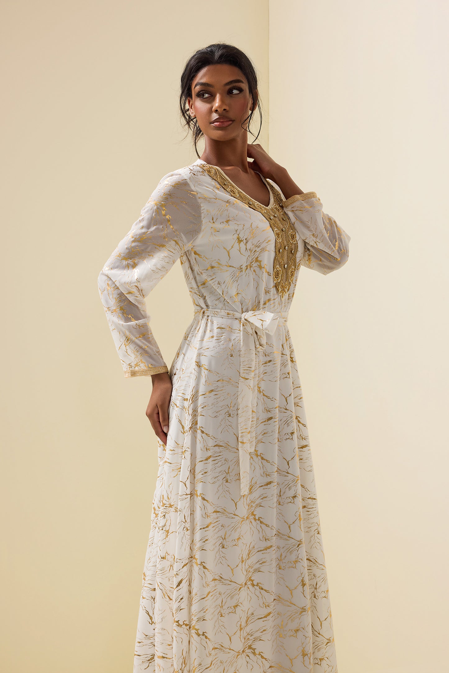 Abstract Print Gold Foil Stamping Midi Dress