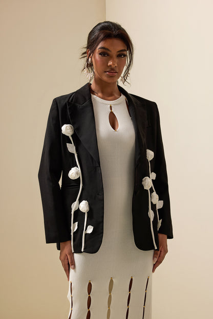 3D Flower Contrast Color Long Sleeve Blazer