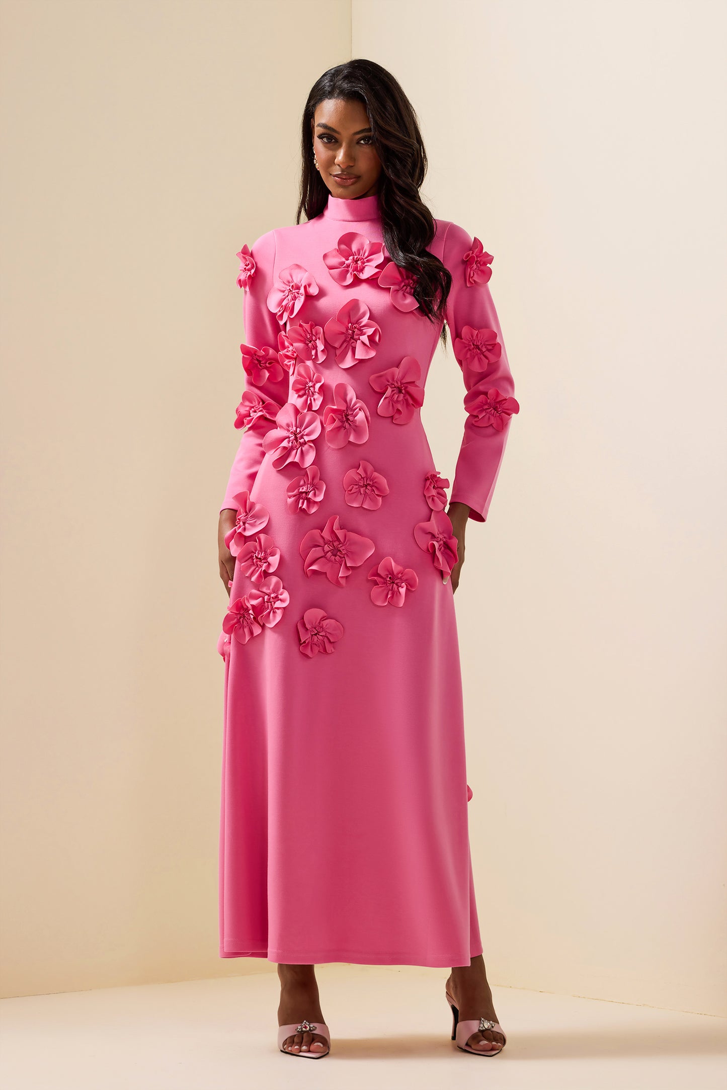 3D Flower Stand Collar Long Sleeve Midi Dress