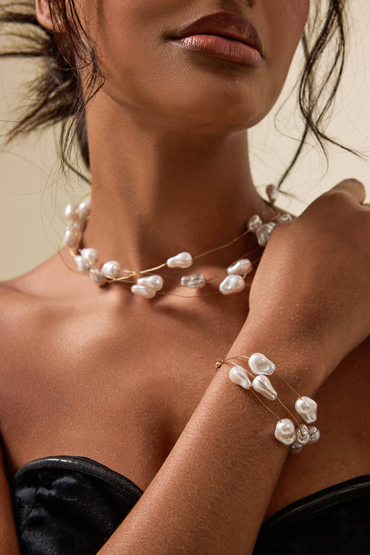 Faux Pearl Multi-Layered Necklace & Beaded Bracelet Set