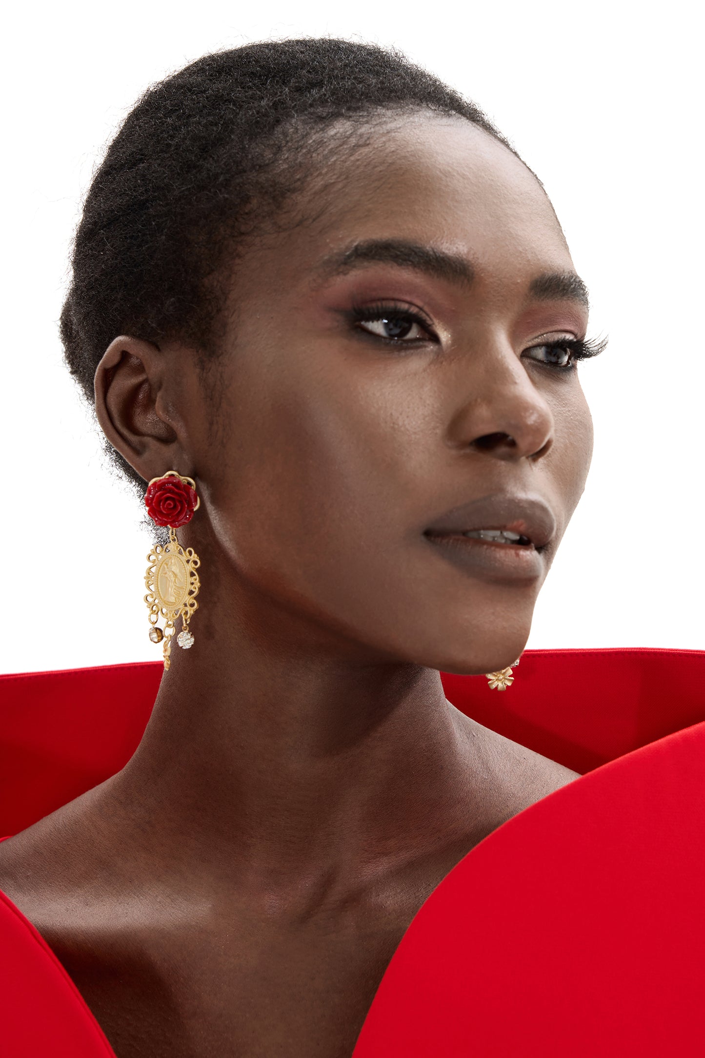 Faux Diamond Cameo Rose Shape Drop Earrings