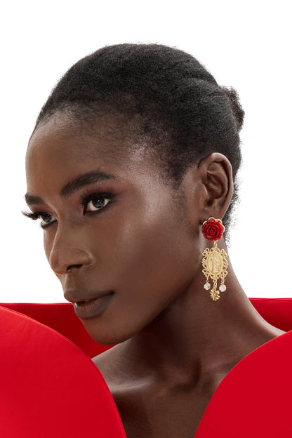 Faux Diamond Cameo Rose Shape Drop Earrings