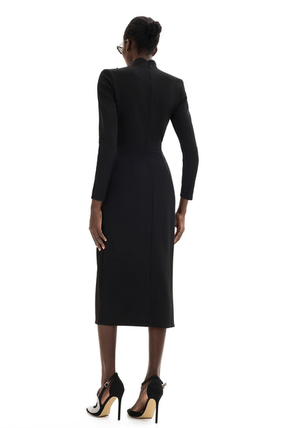 Bow Metal Button Long Sleeve Midi Dress