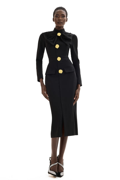 Bow Metal Button Long Sleeve Midi Dress