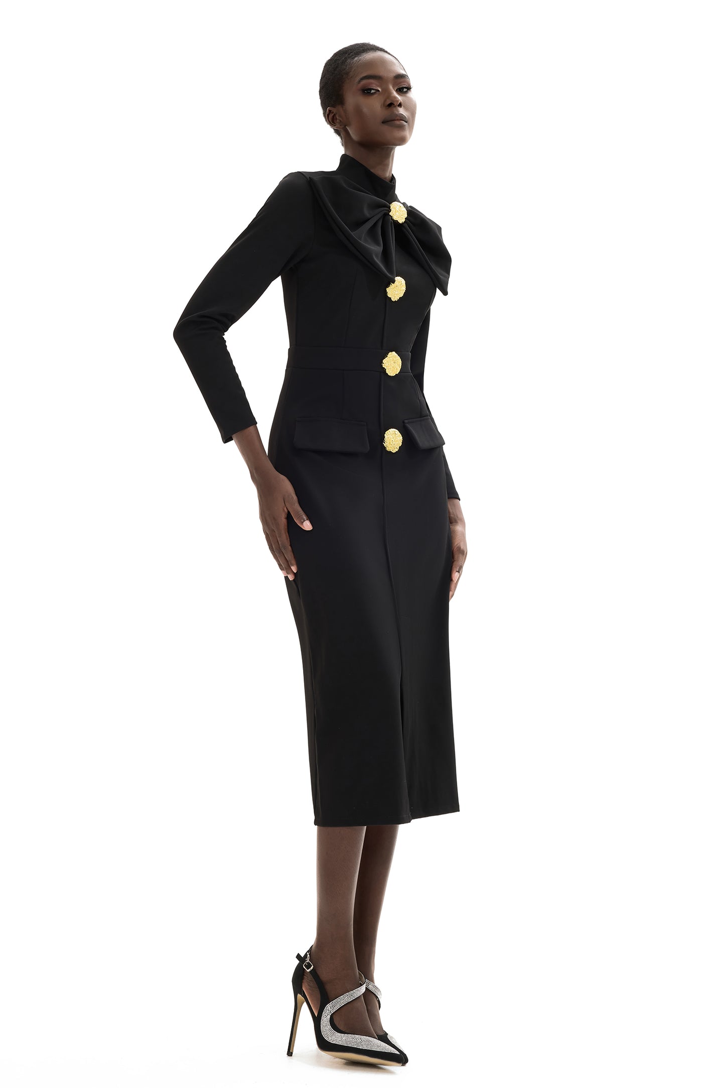 Bow Metal Button Long Sleeve Midi Dress