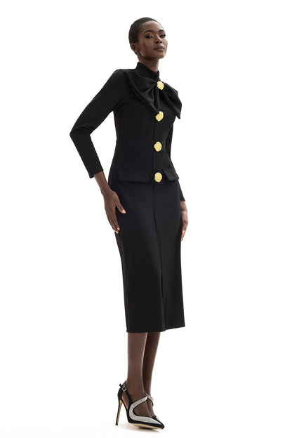 Bow Metal Button Long Sleeve Midi Dress