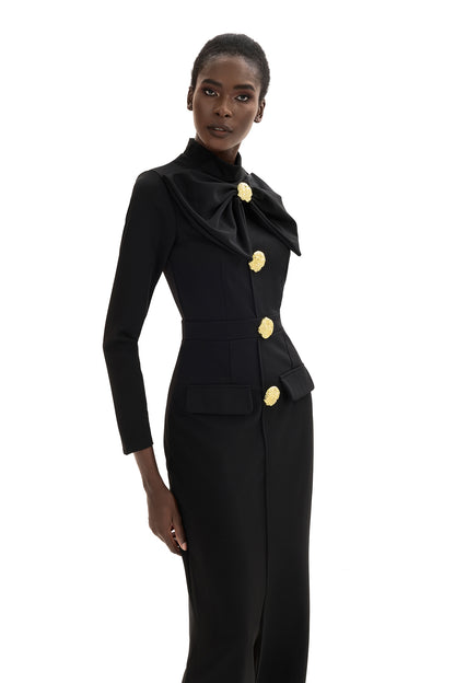 Bow Metal Button Long Sleeve Midi Dress