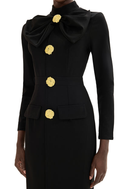 Bow Metal Button Long Sleeve Midi Dress