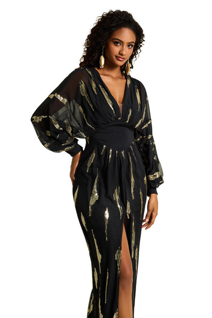 Gold Foil Stamping Slit Long Sleeve Maxi Dress