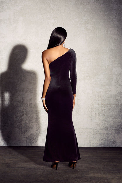 Vestido largo de terciopelo con recortes y bordado floral Amelia 