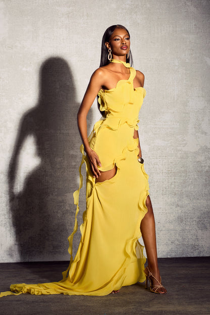 Gloria One Shoulder Ruffle Maxi Chiffon Dress