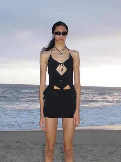 2025 Aesthetics Sexy Ruffles Cut Out White Tank Tops Fashion Bandage Hollow Out Halter Tops Drawstring Clubwear