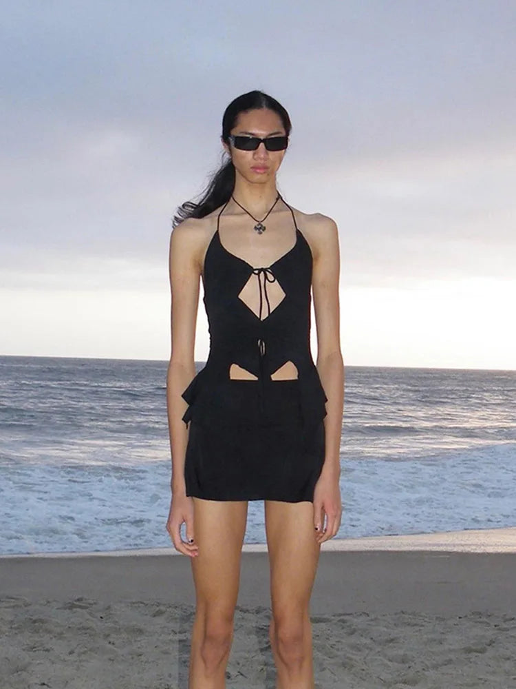 2025 Aesthetics Sexy Ruffles Cut Out White Tank Tops Fashion Bandage Hollow Out Halter Tops Drawstring Clubwear